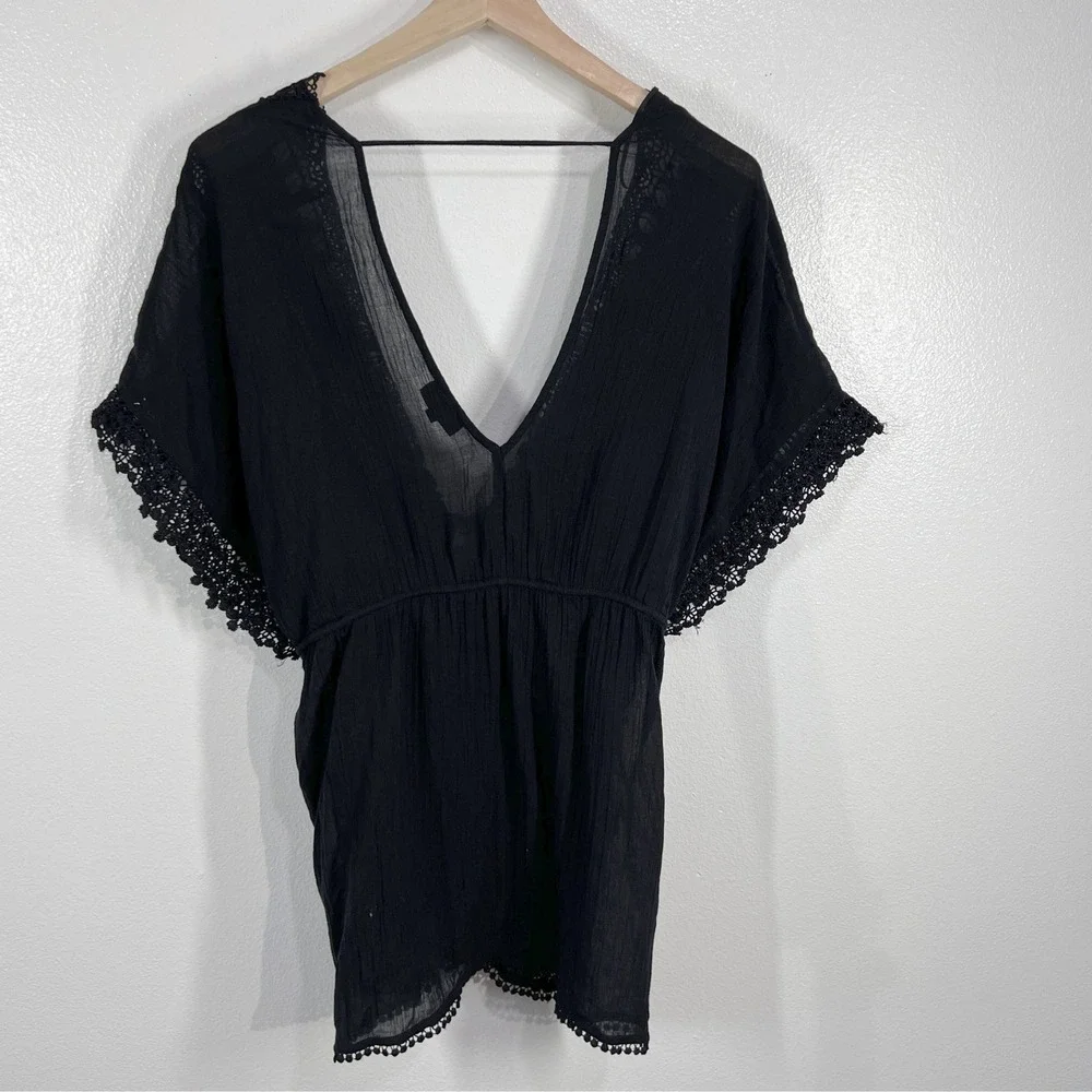 Topshop Black Crochet‎ Lace Trim Kaftan Swim Cover Up Beach Resort Wear Medium